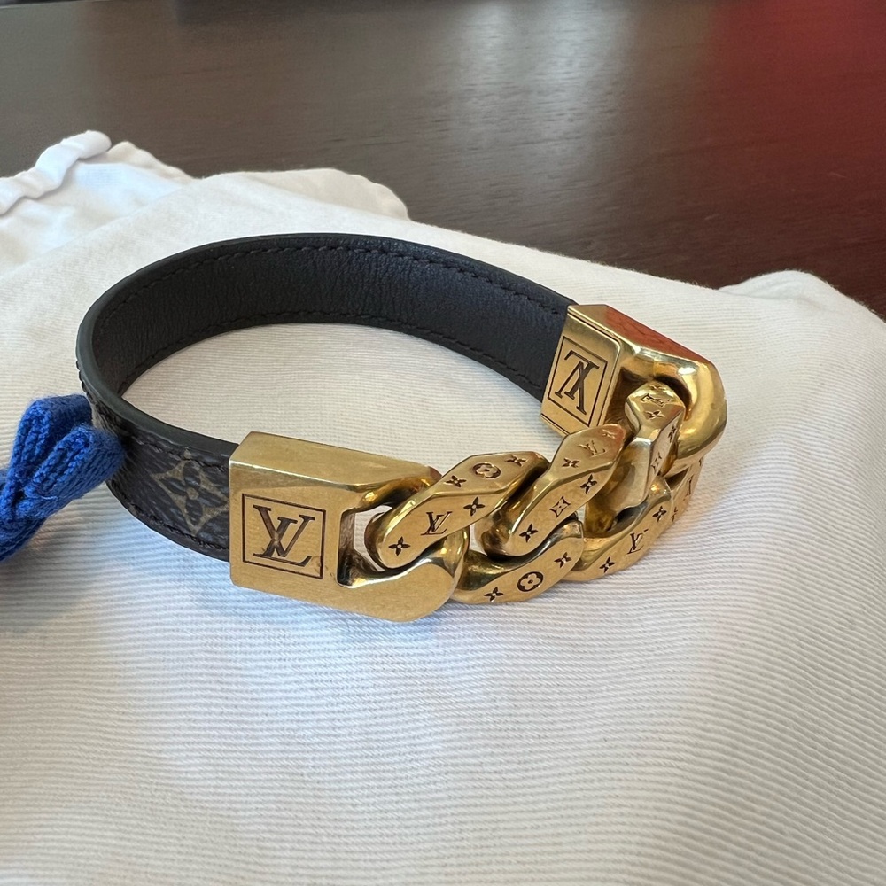 Louis Vuitton gold chain links bracelet w/monogram leather band
